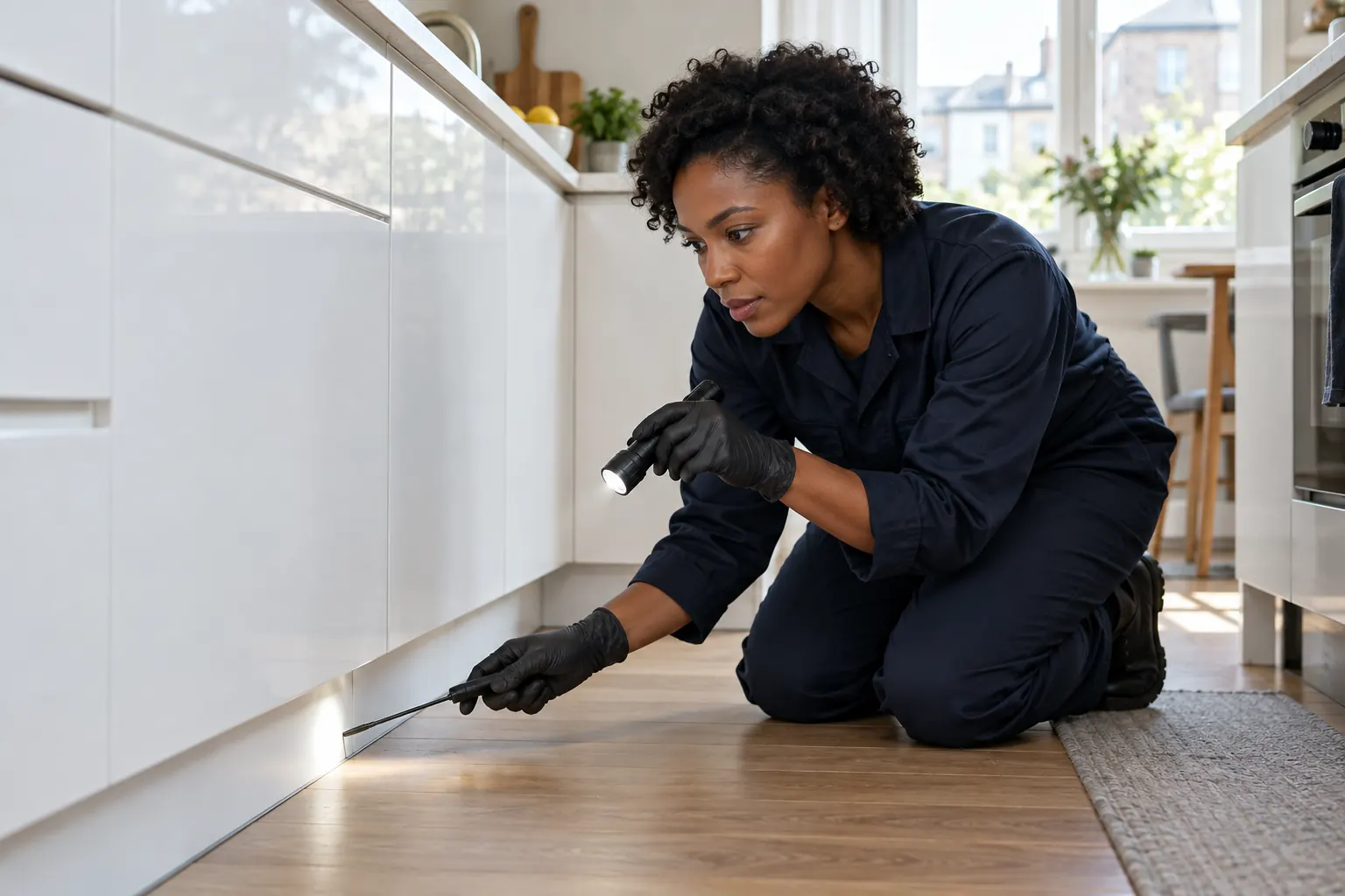 Pest control technician carrying out an emergency kitchen inspection