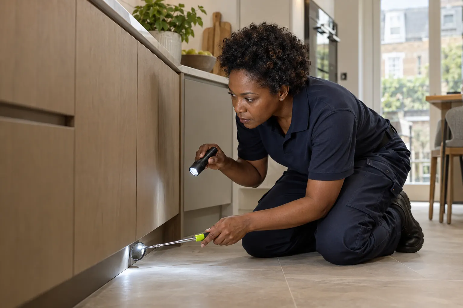 Fanatic pest control technician carrying out a careful inspection
