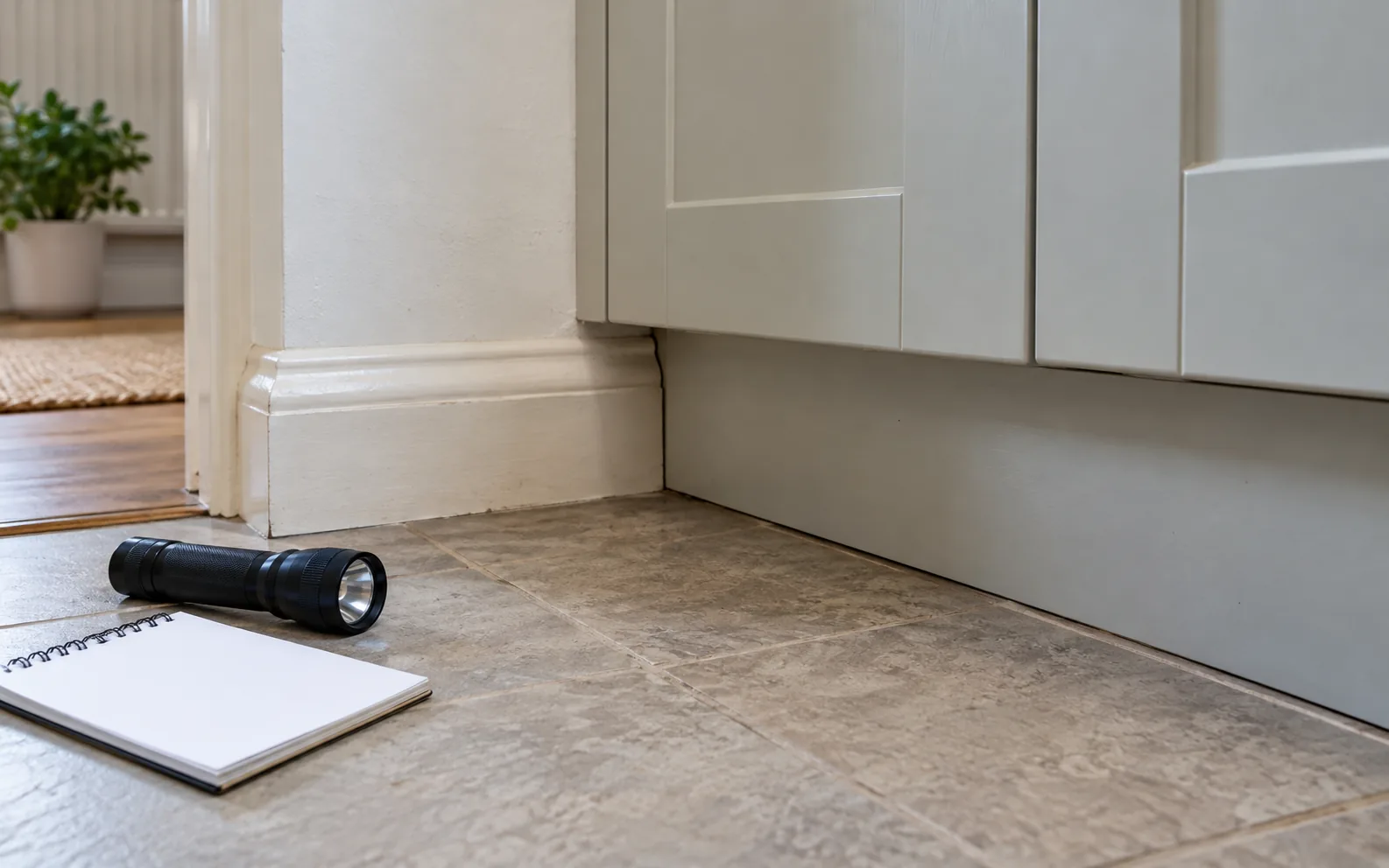 Notebook and torch placed beside kitchen cupboards for a visual inspection