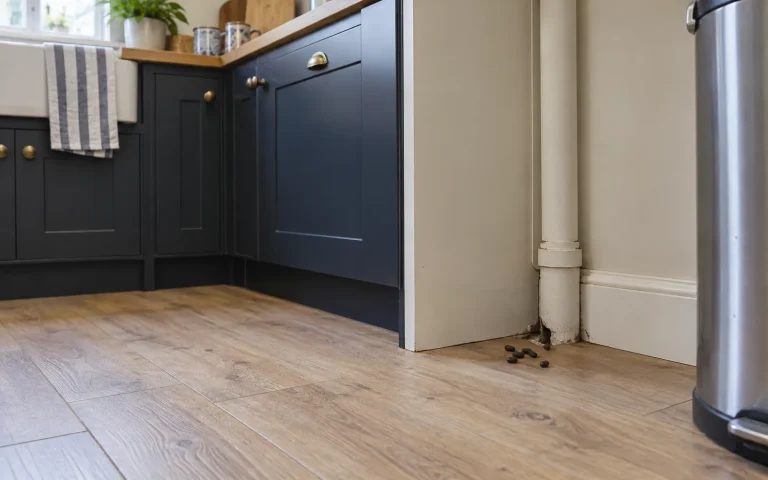Illustrative kitchen scene showing possible rodent droppings near a pipe and skirting board
